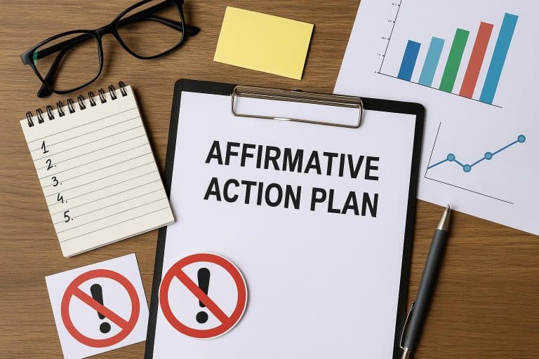 Affirmative action plan development concept with compliance documents and checklist clipboard