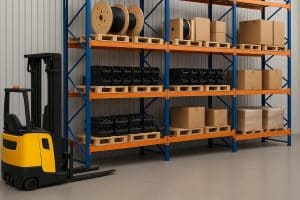 Warehouse with electric forklifts using structural storage racks for efficient material handling