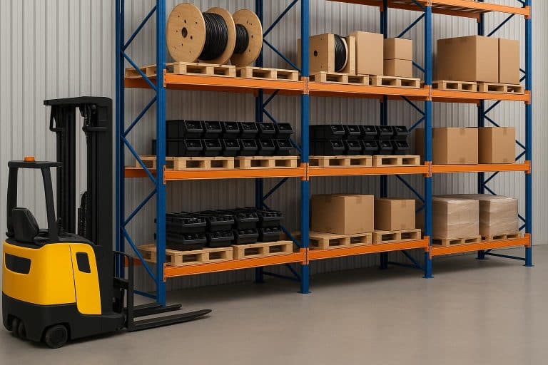 Warehouse with electric forklifts using structural storage racks for efficient material handling