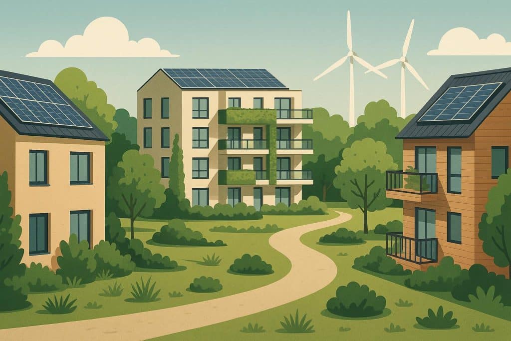 2026 Real Estate Trends – A Guide to Sustainable Housing Developments Modern eco-friendly houses with solar panels and green roofs in a sustainable neighborhood