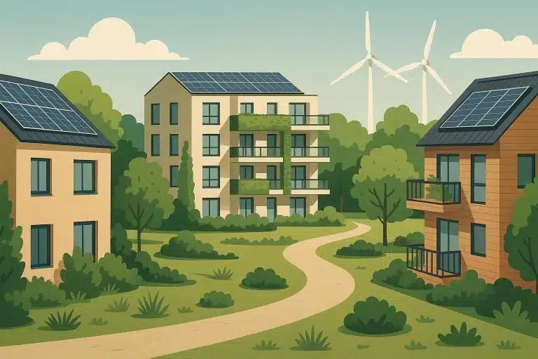 Modern eco-friendly houses with solar panels and green roofs in a sustainable neighborhood