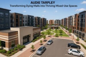 Redeveloped mall with modern mixed-use spaces including retail, offices, and green areas