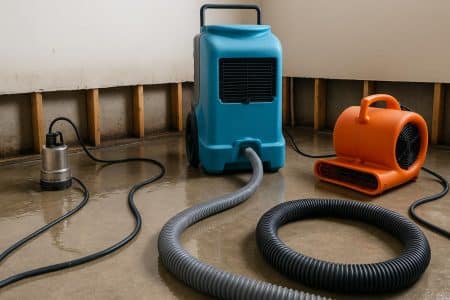 Flood remediation experts using advanced equipment to restore water-damaged property interior