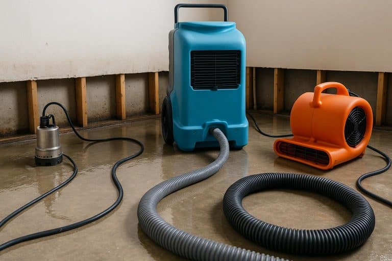 Flood remediation experts using advanced equipment to restore water-damaged property interior