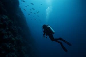 Scuba diver exploring underwater reef, showcasing advanced diving skills for Lincoln Mason article