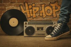 Turntables and graffiti art representing the origins and cultural rise of hip hop music