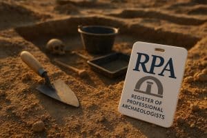 Archaeological tools and artifacts symbolizing ethical standards and RPA membership in archaeology