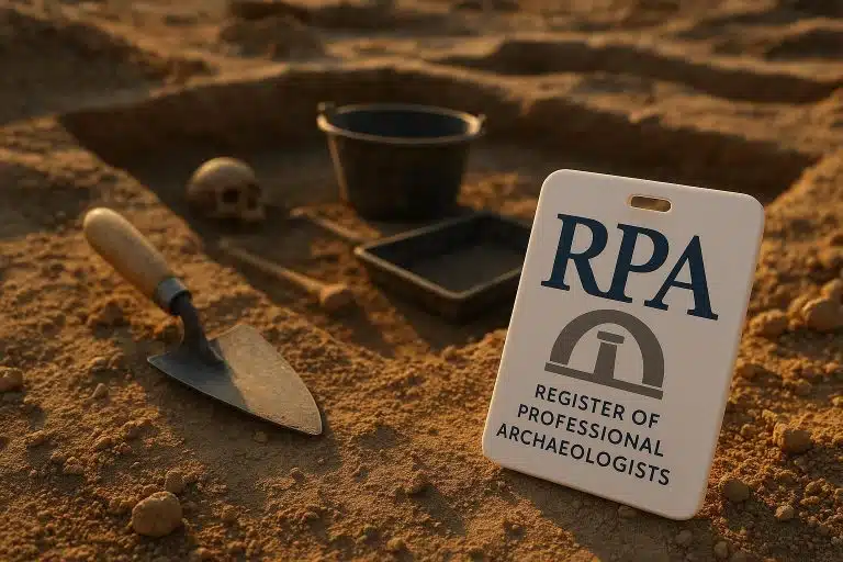 Archaeological tools and artifacts symbolizing ethical standards and RPA membership in archaeology