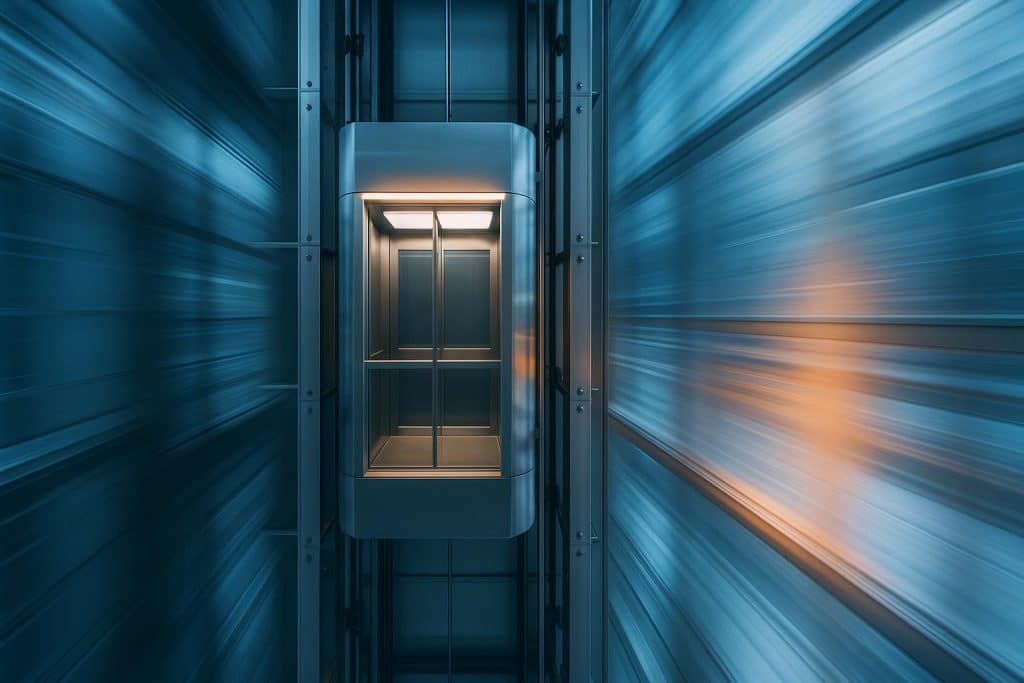 High-speed elevator moving inside a modern building shaft illustrating elevator speed dynamics