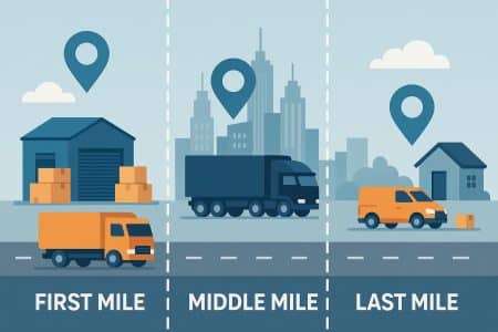 First Mile vs Middle Mile vs Last Mile Logistics Explained Delivery trucks illustrating first, middle, and last mile logistics supply chain stages