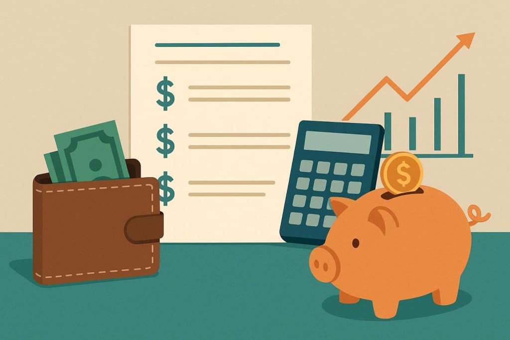 Budgeting planner, calculator, and pen on a table representing retirement expense management