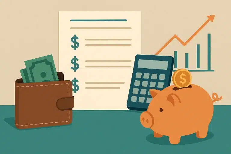 Budgeting planner, calculator, and pen on a table representing retirement expense management