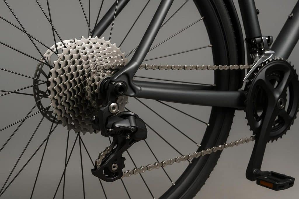 Close-up of bicycle gear system showing chain, cassette, and derailleur components