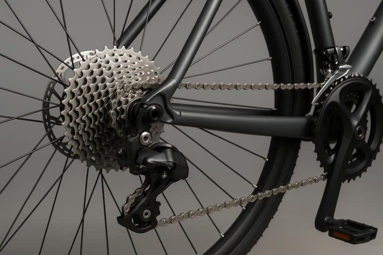 Close-up of bicycle gear system showing chain, cassette, and derailleur components