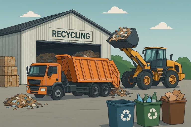 Waste transfer and recycling facility operations with trucks, containers, and sorting equipment